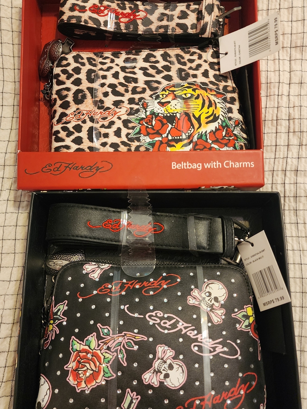Ed Hardy Leopard & Tiger Crossbody Beltbag Set - Pink, Black, Red
